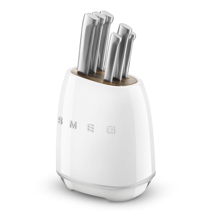 Комплект ножове със стойка SMEG KBSF02WH, 7 части, Слотове от акациево дърво, Немска неръждаема стомана, Бял