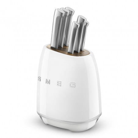 Комплект ножове със стойка SMEG KBSF02WH, 7 части, Слотове от акациево дърво, Немска неръждаема стомана, Бял