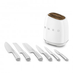 Комплект ножове със стойка SMEG KBSF02WH, 7 части, Слотове от акациево дърво, Немска неръждаема стомана, Бял