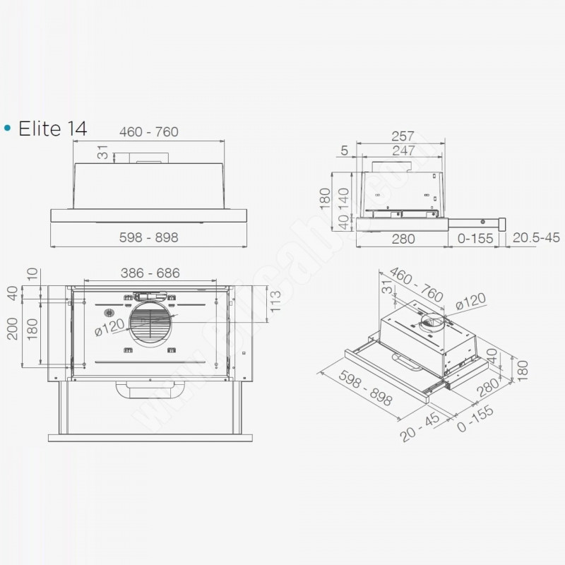 Абсорбатор за вграждане Elica Elite 14 Lux GRIX 60, 121 W, 60 см, Клас D, 304 м3/ч, LED осветление, Инокс