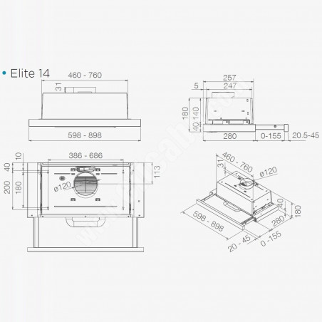Абсорбатор за вграждане Elica Elite 14 Lux GRVTWH 60, 121 W, 60 см, Клас D, 304 м3/ч, LED осветление, Сив/Бял