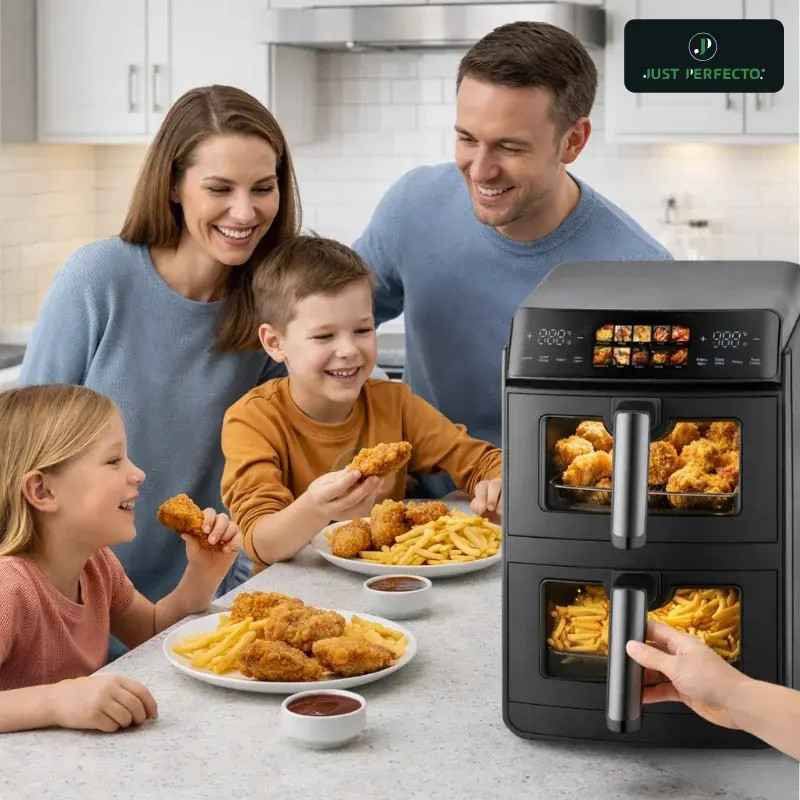 Двоен фритюрник с горещ въздух Just Perfecto JP-AF10DB, 2600 W, 10 л, 10 програми, 80-200 C, Rapid Hot Air Circulation, Синхронизирано готвене, Черен