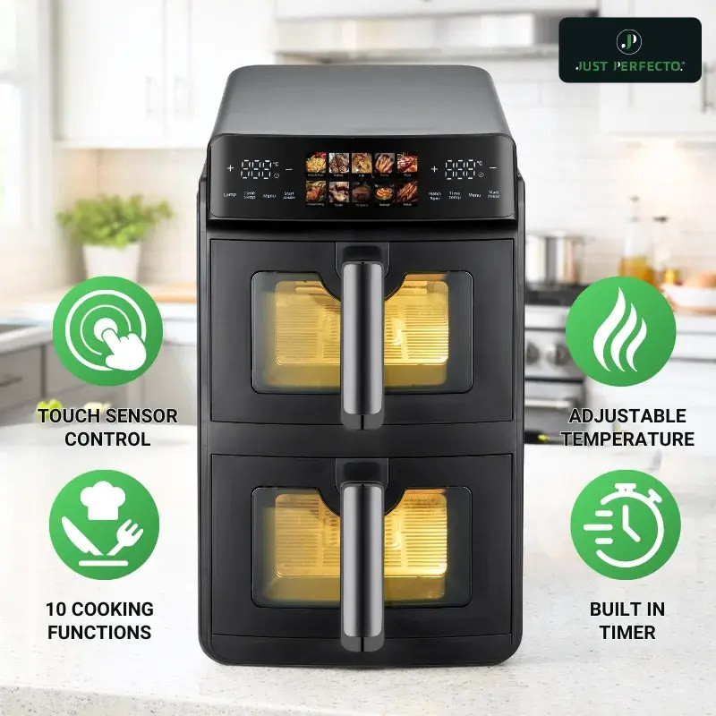 Двоен фритюрник с горещ въздух Just Perfecto JP-AF10DB, 2600 W, 10 л, 10 програми, 80-200 C, Rapid Hot Air Circulation, Синхронизирано готвене, Черен