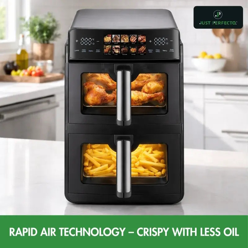 Двоен фритюрник с горещ въздух Just Perfecto JP-AF10DB, 2600 W, 10 л, 10 програми, 80-200 C, Rapid Hot Air Circulation, Синхронизирано готвене, Черен