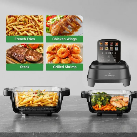 Фритюрник с горещ въздух Just Perfecto JP-AF4GL, 1500 W, 1.5/4 л, 8 програми, 80-200 C, 360° Hot Air Circulation, Термоустойчива стъклена конструкция, Черен