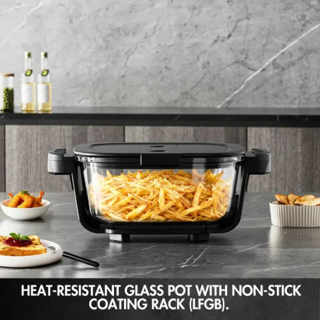 Фритюрник с горещ въздух Just Perfecto JP-AF4GL, 1500 W, 1.5/4 л, 8 програми, 80-200 C, 360° Hot Air Circulation, Термоустойчива стъклена конструкция, Черен
