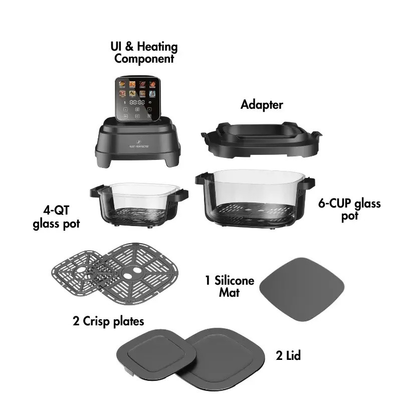 Фритюрник с горещ въздух Just Perfecto JP-AF4GL, 1500 W, 1.5/4 л, 8 програми, 80-200 C, 360° Hot Air Circulation, Термоустойчива стъклена конструкция, Черен