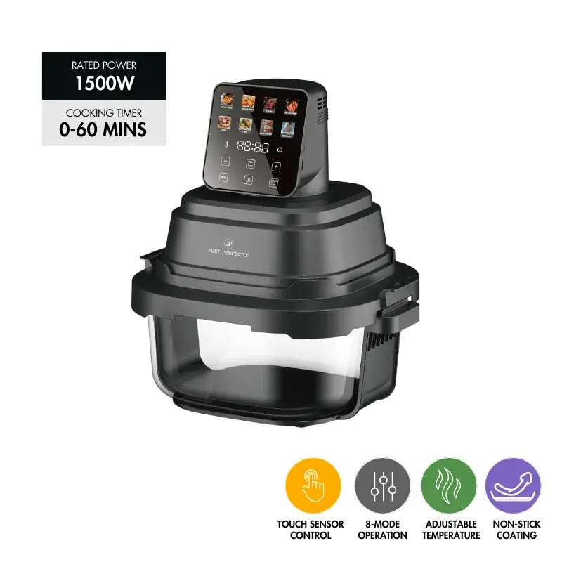 Фритюрник с горещ въздух Just Perfecto JP-AF4GL, 1500 W, 1.5/4 л, 8 програми, 80-200 C, 360° Hot Air Circulation, Термоустойчива стъклена конструкция, Черен