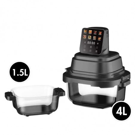 Фритюрник с горещ въздух Just Perfecto JP-AF4GL, 1500 W, 1.5/4 л, 8 програми, 80-200 C, 360° Hot Air Circulation, Термоустойчива стъклена конструкция, Черен