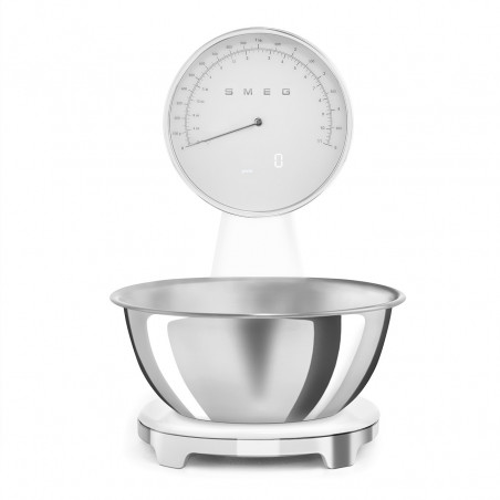 Кухненска везна Smeg KSF01WHWW, Аналогов и дигитален дисплей, До 5 кг/5 л, ТАРА, LED дисплей, Противоплъзгаща се основа, Автономия до 36 часа, Бял мат