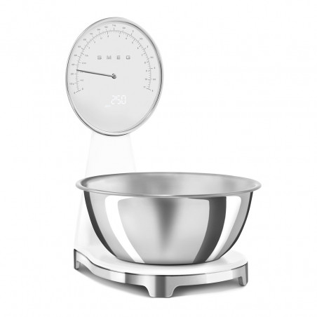 Кухненска везна Smeg KSF01WHWW, Аналогов и дигитален дисплей, До 5 кг/5 л, ТАРА, LED дисплей, Противоплъзгаща се основа, Автономия до 36 часа, Бял мат