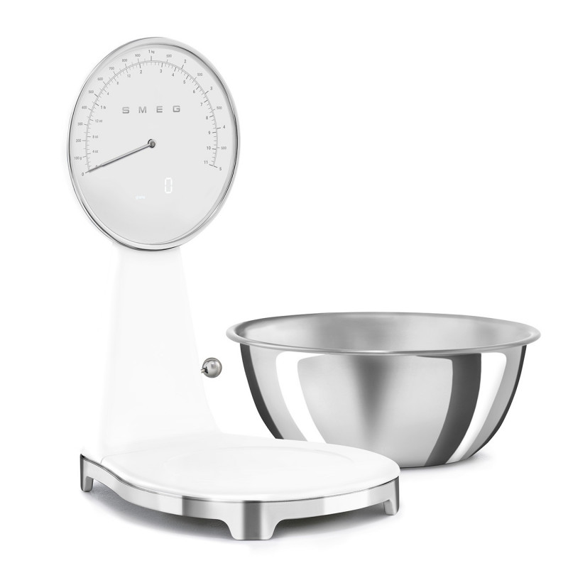 Кухненска везна Smeg KSF01WHWW, Аналогов и дигитален дисплей, До 5 кг/5 л, ТАРА, LED дисплей, Противоплъзгаща се основа, Автономия до 36 часа, Бял мат