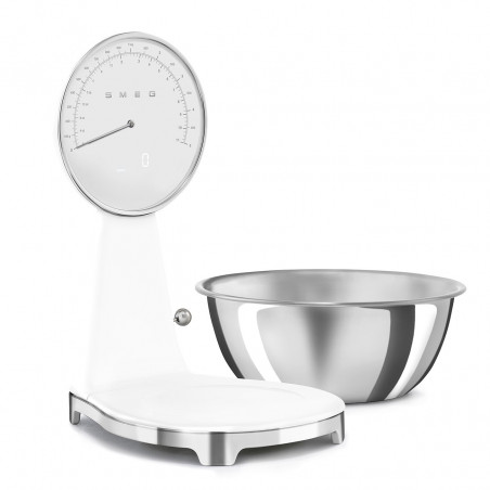 Кухненска везна Smeg KSF01WHWW, Аналогов и дигитален дисплей, До 5 кг/5 л, ТАРА, LED дисплей, Противоплъзгаща се основа, Автономия до 36 часа, Бял мат
