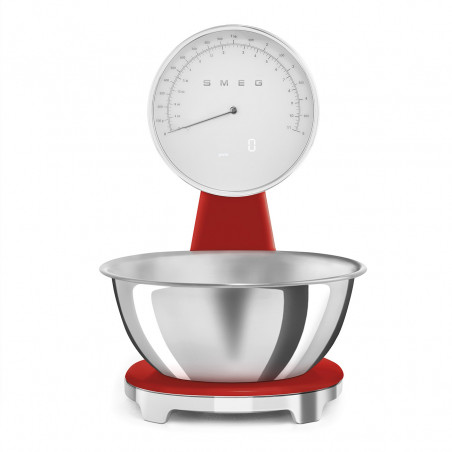 Кухненска везна Smeg KSF01RDWW, Аналогов и дигитален дисплей, До 5 кг/5 л, ТАРА, LED дисплей, Противоплъзгаща се основа, Автономия до 36 часа, Червен