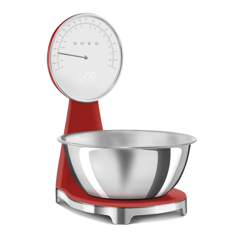 Кухненска везна Smeg KSF01RDWW, Аналогов и дигитален дисплей, До 5 кг/5 л, ТАРА, LED дисплей, Противоплъзгаща се основа, Автономия до 36 часа, Червен