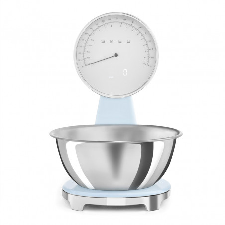 Кухненска везна Smeg KSF01PBWW, Аналогов и дигитален дисплей, До 5 кг/5 л, ТАРА, LED дисплей, Противоплъзгаща се основа, Автономия до 36 часа, Пастелно син