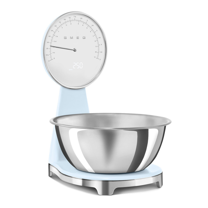 Кухненска везна Smeg KSF01PBWW, Аналогов и дигитален дисплей, До 5 кг/5 л, ТАРА, LED дисплей, Противоплъзгаща се основа, Автономия до 36 часа, Пастелно син