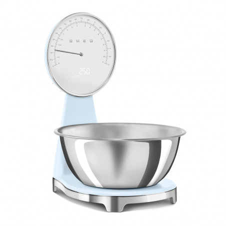 Кухненска везна Smeg KSF01PBWW, Аналогов и дигитален дисплей, До 5 кг/5 л, ТАРА, LED дисплей, Противоплъзгаща се основа, Автономия до 36 часа, Пастелно син