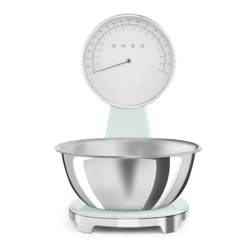 Кухненска везна Smeg KSF01PGWW, Аналогов и дигитален дисплей, До 5 кг/5 л, ТАРА, LED дисплей, Противоплъзгаща се основа, Автономия до 36 часа, Пастелно зелен