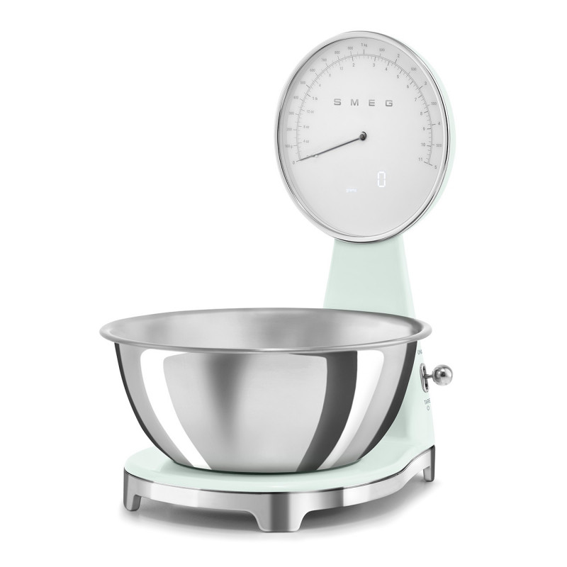 Кухненска везна Smeg KSF01PGWW, Аналогов и дигитален дисплей, До 5 кг/5 л, ТАРА, LED дисплей, Противоплъзгаща се основа, Автономия до 36 часа, Пастелно зелен
