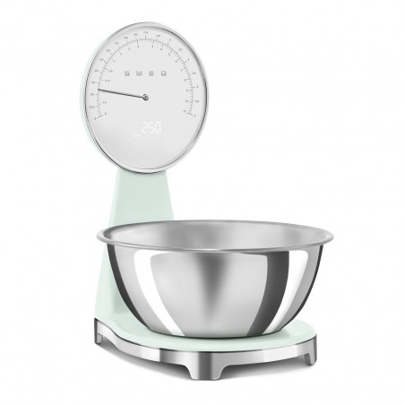 Кухненска везна Smeg KSF01PGWW, Аналогов и дигитален дисплей, До 5 кг/5 л, ТАРА, LED дисплей, Противоплъзгаща се основа, Автономия до 36 часа, Пастелно зелен
