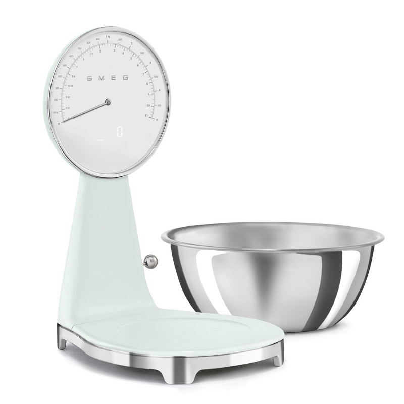Кухненска везна Smeg KSF01PGWW, Аналогов и дигитален дисплей, До 5 кг/5 л, ТАРА, LED дисплей, Противоплъзгаща се основа, Автономия до 36 часа, Пастелно зелен