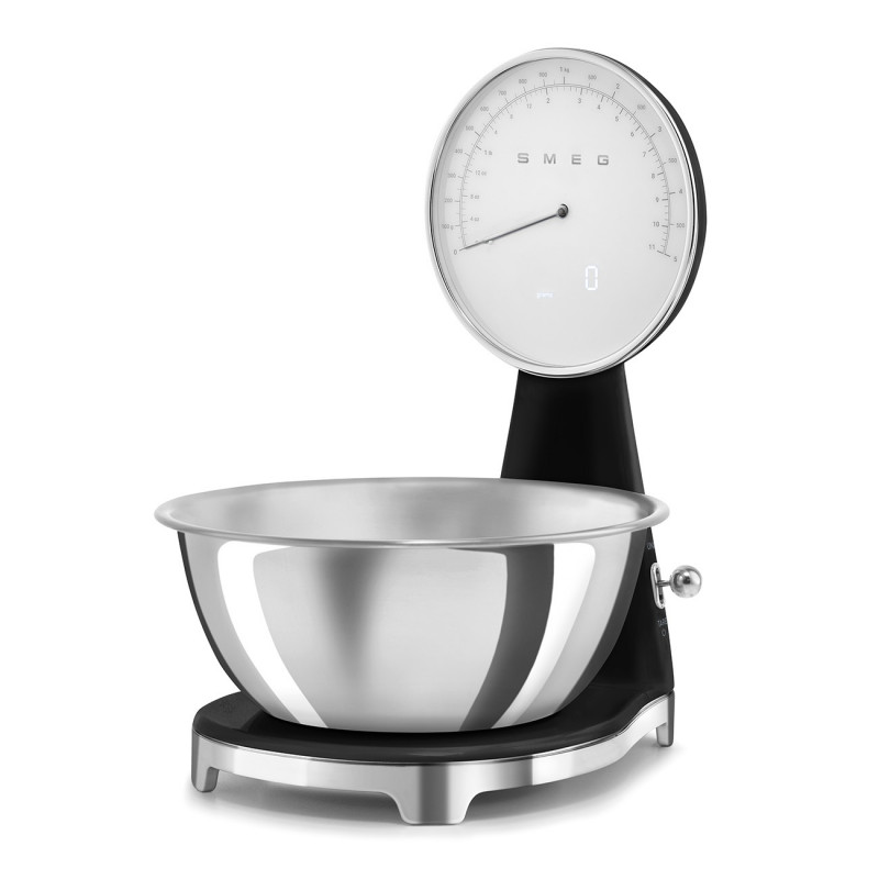 Кухненска везна Smeg KSF01BLWW, Аналогов и дигитален дисплей, До 5 кг/5 л, ТАРА, LED дисплей, Противоплъзгаща се основа, Автономия до 36 часа, Черен
