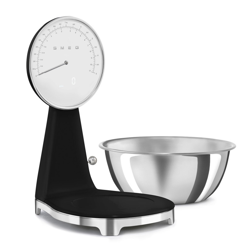 Кухненска везна Smeg KSF01BLWW, Аналогов и дигитален дисплей, До 5 кг/5 л, ТАРА, LED дисплей, Противоплъзгаща се основа, Автономия до 36 часа, Черен