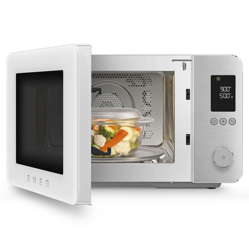 Комбинирана микровълнова фурна с горещ въздух SMEG Collezione MOC02WHMEU, 900W, 27 л, 25 програми, Плавно затваряне, Индивидуални настройки, Бял мат