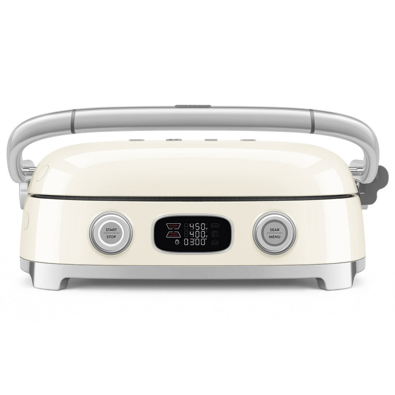 Многофункционален грил SMEG 50's Style MGF01CREU, 2100W, 60-230°C, 3 програми, Керамично покритие, Тава за отцеждане, Звуков сигнал, Таймер, Крем