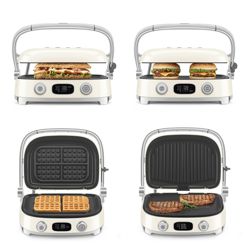 Многофункционален грил SMEG 50's Style MGF01CREU, 2100W, 60-230°C, 3 програми, Керамично покритие, Тава за отцеждане, Звуков сигнал, Таймер, Крем