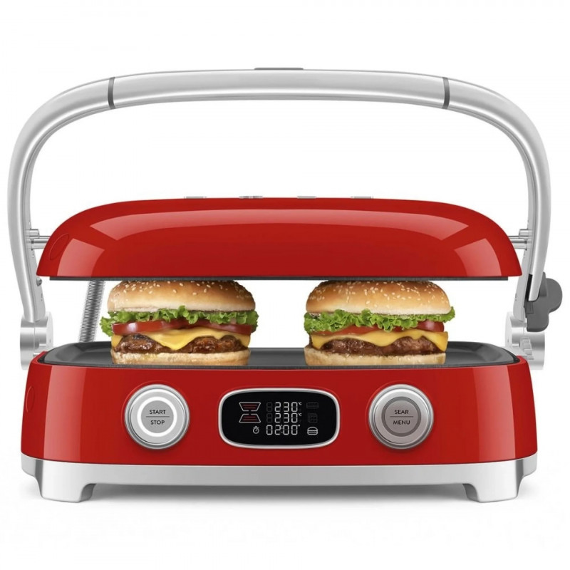 Многофункционален грил SMEG 50's Style MGF01RDEU, 2100W, 60-230°C, 3 програми, Керамично покритие, Тава за отцеждане, Звуков сигнал, Таймер, Червен