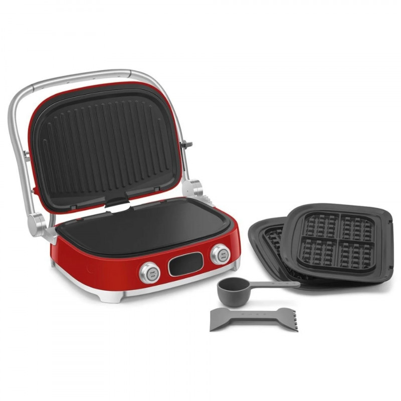 Многофункционален грил SMEG 50's Style MGF01RDEU, 2100W, 60-230°C, 3 програми, Керамично покритие, Тава за отцеждане, Звуков сигнал, Таймер, Червен