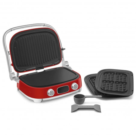 Многофункционален грил SMEG 50's Style MGF01RDEU, 2100W, 60-230°C, 3 програми, Керамично покритие, Тава за отцеждане, Звуков сигнал, Таймер, Червен