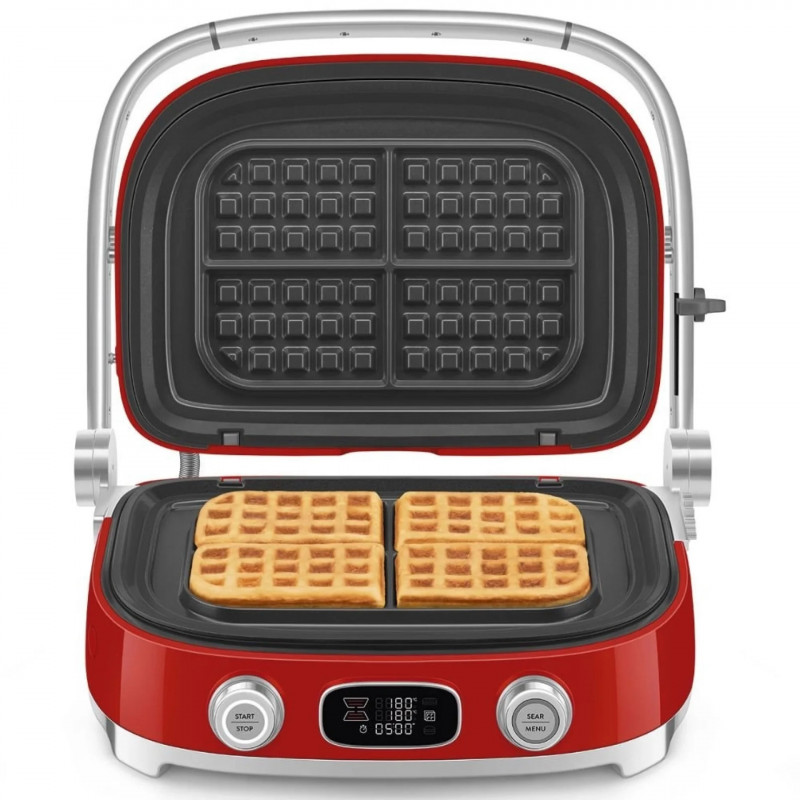 Многофункционален грил SMEG 50's Style MGF01RDEU, 2100W, 60-230°C, 3 програми, Керамично покритие, Тава за отцеждане, Звуков сигнал, Таймер, Червен