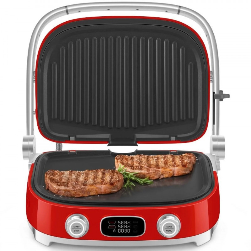 Многофункционален грил SMEG 50's Style MGF01RDEU, 2100W, 60-230°C, 3 програми, Керамично покритие, Тава за отцеждане, Звуков сигнал, Таймер, Червен
