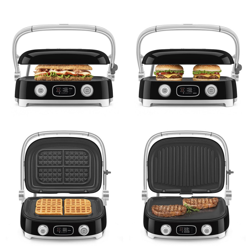 Многофункционален грил SMEG 50's Style MGF01BLEU, 2100W, 60-230°C, 3 програми, Керамично покритие, Тава за отцеждане, Звуков сигнал, Таймер, Черен