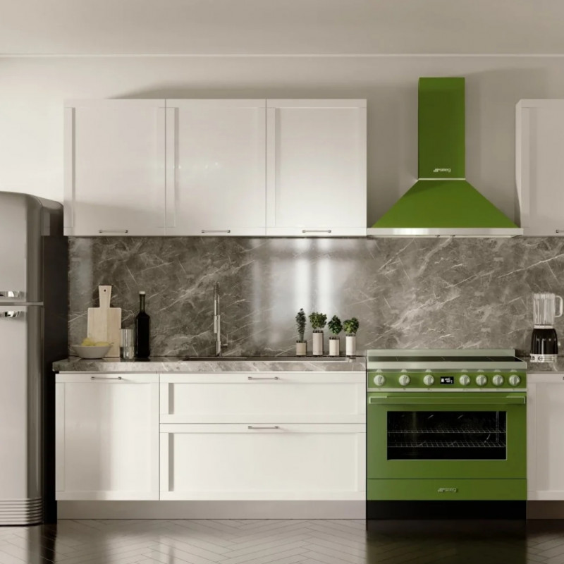 Абсорбатор SMEG Portofino KPF9OG, 275W, А+, 781 м3/ч, 3 скорости, 3 филтъра, Антивъзвръщателен клапан, Инокс, LED, Зелен