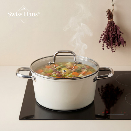 Комплект съдове за готвене Swiss Haus SH-CC4014CR, 14 ч, Sapphire-керамично, Индукция, Фурна до 220°C, Без PFAS, Кремав гланц