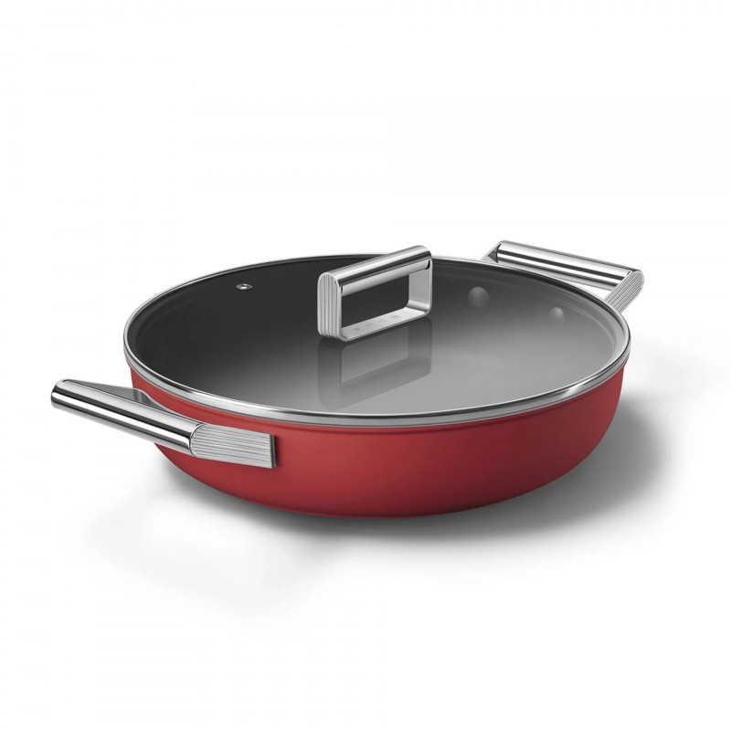 Плитка тенджера с капак Smeg CKFD2811RDM, 28 см, 3.7 л, Незалепващо покритие с 3 слоя, Фурна до 250C, Без PFAS, Индукция, Червен
