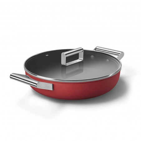 Плитка тенджера с капак Smeg CKFD2811RDM, 28 см, 3.7 л, Незалепващо покритие с 3 слоя, Фурна до 250C, Без PFAS, Индукция, Червен