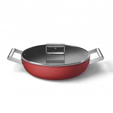 Плитка тенджера с капак Smeg CKFD2811RDM, 28 см, 3.7 л, Незалепващо покритие с 3 слоя, Фурна до 250C, Без PFAS, Индукция, Червен