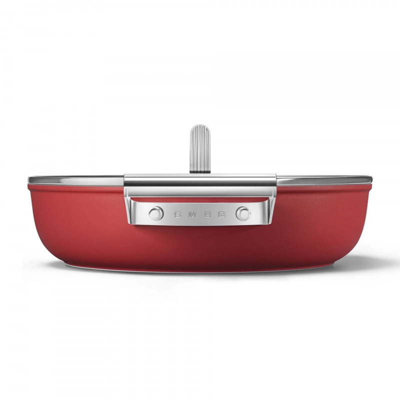 Плитка тенджера с капак Smeg CKFD2811RDM, 28 см, 3.7 л, Незалепващо покритие с 3 слоя, Фурна до 250C, Без PFAS, Индукция, Червен