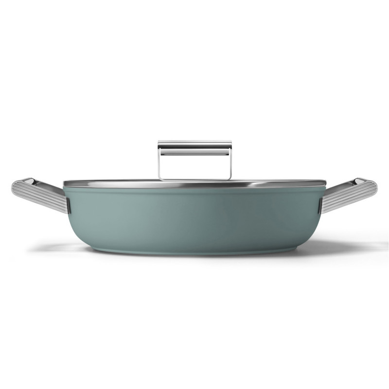 Плитка тенджера с капак Smeg DPF2812EGM, 28 см, 4.3 л, Керамично незалепващо покритие, Фурна до 250C, Без PFAS, Индукция, Изумрудено зелен