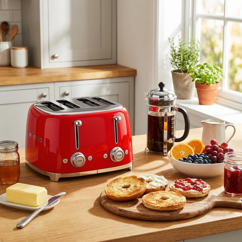 Тостер за хляб SMEG 50's Style TSF03RDEU, 2000W, 4 филии, 6 нива, Тавичка за трохи, Вграден кабел, Неръждаема стомана, Червен