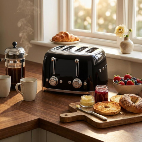 Тостер за хляб SMEG 50's Style TSF03BLEU, 2000W, 4 филии, 6 нива, Тавичка за трохи, Вграден кабел, Неръждаема стомана, Черен
