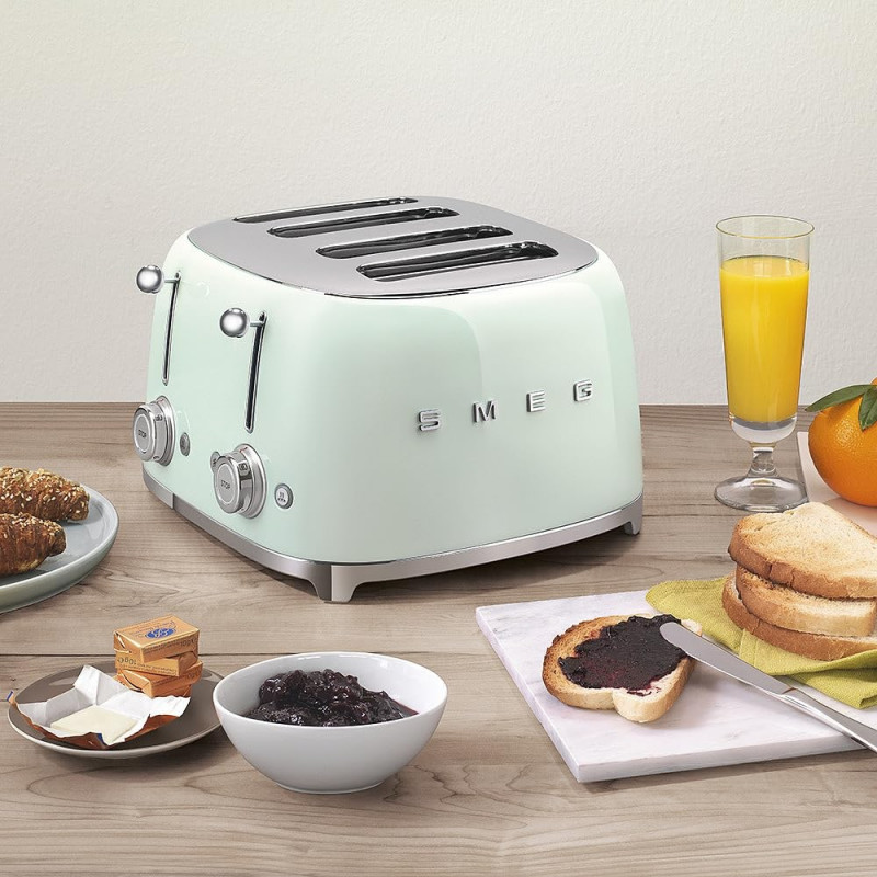 Тостер за хляб SMEG 50's Style TSF03PGEU, 2000W, 4 филии, 6 нива, Тавичка за трохи, Вграден кабел, Неръждаема стомана, Зелен