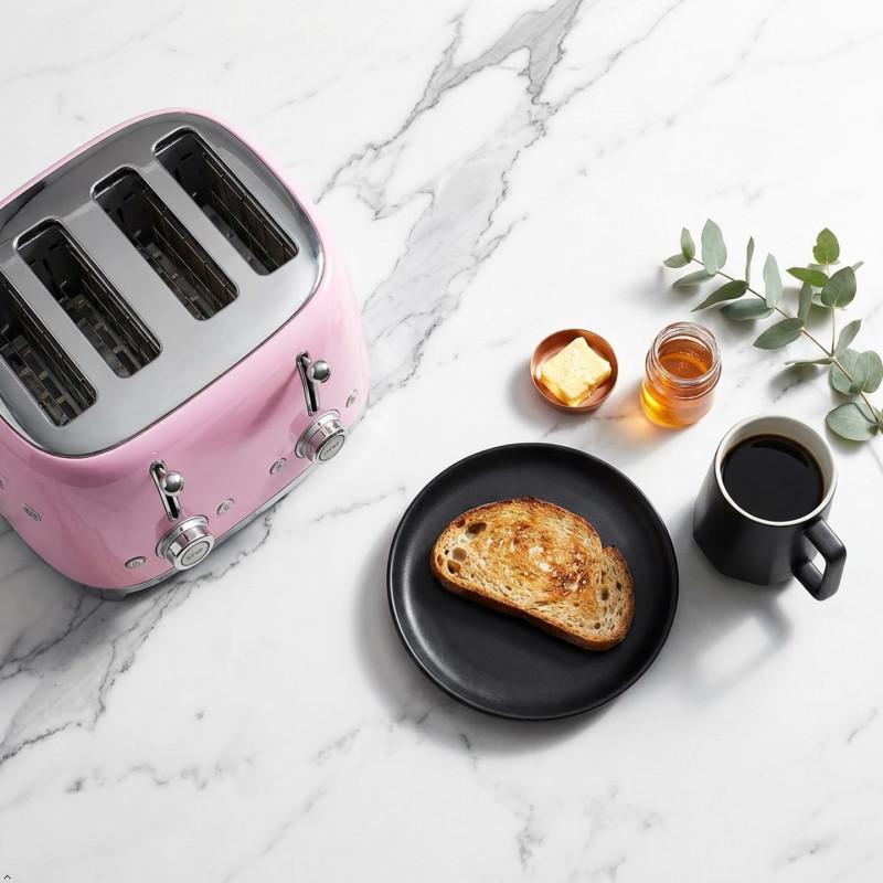 Тостер за хляб SMEG 50's Style TSF03PKEU, 2000W, 4 филии, 6 нива, Тавичка за трохи, Вграден кабел, Неръждаема стомана, Розов