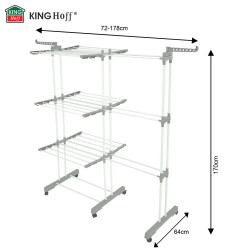 Сушилник за дрехи Kinghoff KH 2044, 30 м, До 30 кг, 3 нива, Колелца, Стомана, Бял/сив