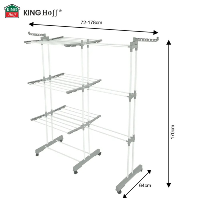 Сушилник за дрехи Kinghoff KH 2044, 30 м, До 30 кг, 3 нива, Колелца, Стомана, Бял/сив